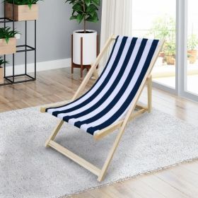 Populus Wood Folding Sling Chair with Dark Blue Stripe - Adjustable Chaise Lounge Chair