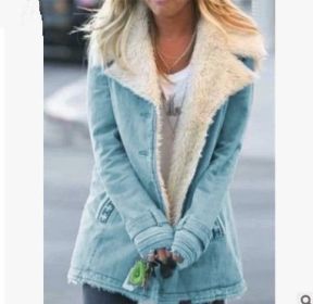 Hot Selling Autumn and Winter Women's Clothing Plus Velvet Single-breasted Warm Cotton Jacket Women (Color: Blue, size: M)