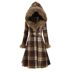 Fashion women's new style hooded fur alloy buckle slim-fit plaid long-sleeved woolen mid-length coat (Color: Khaki, size: XXL)