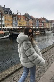 Ladies' autumn and winter thick warm fur coat long-sleeved hooded imitation rabbit fur coat (Color: light gray, size: XXXL)