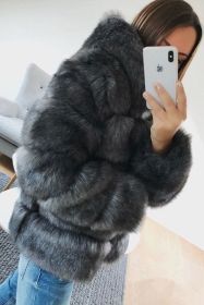 Ladies' autumn and winter thick warm fur coat long-sleeved hooded imitation rabbit fur coat (Color: dark grey, size: S)