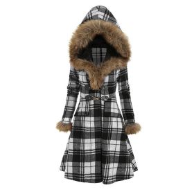 Fashion women's new style hooded fur alloy buckle slim-fit plaid long-sleeved woolen mid-length coat (Color: Black, size: XXL)